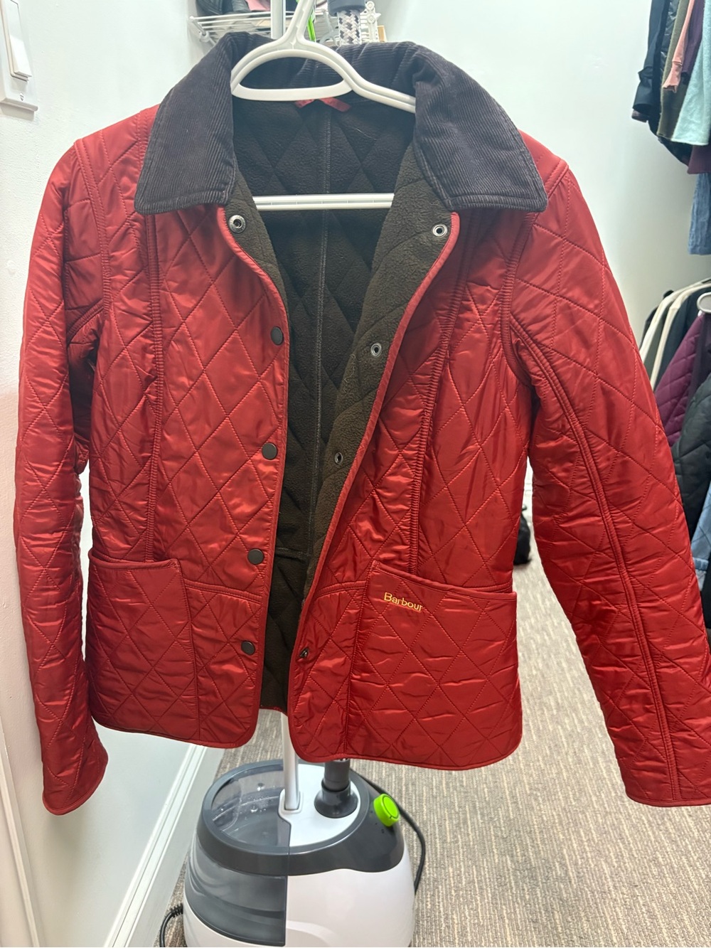 Barbour Quilted Red Jacket with Corduroy Collar